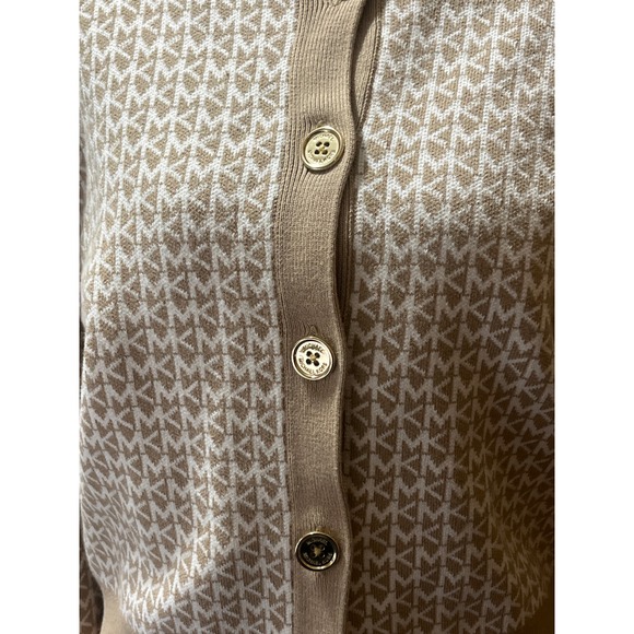 Michael Kors MK Logo Jacquard Knit Button Front Cardigan Sweater Beige Tan M - Picture 2 of 10